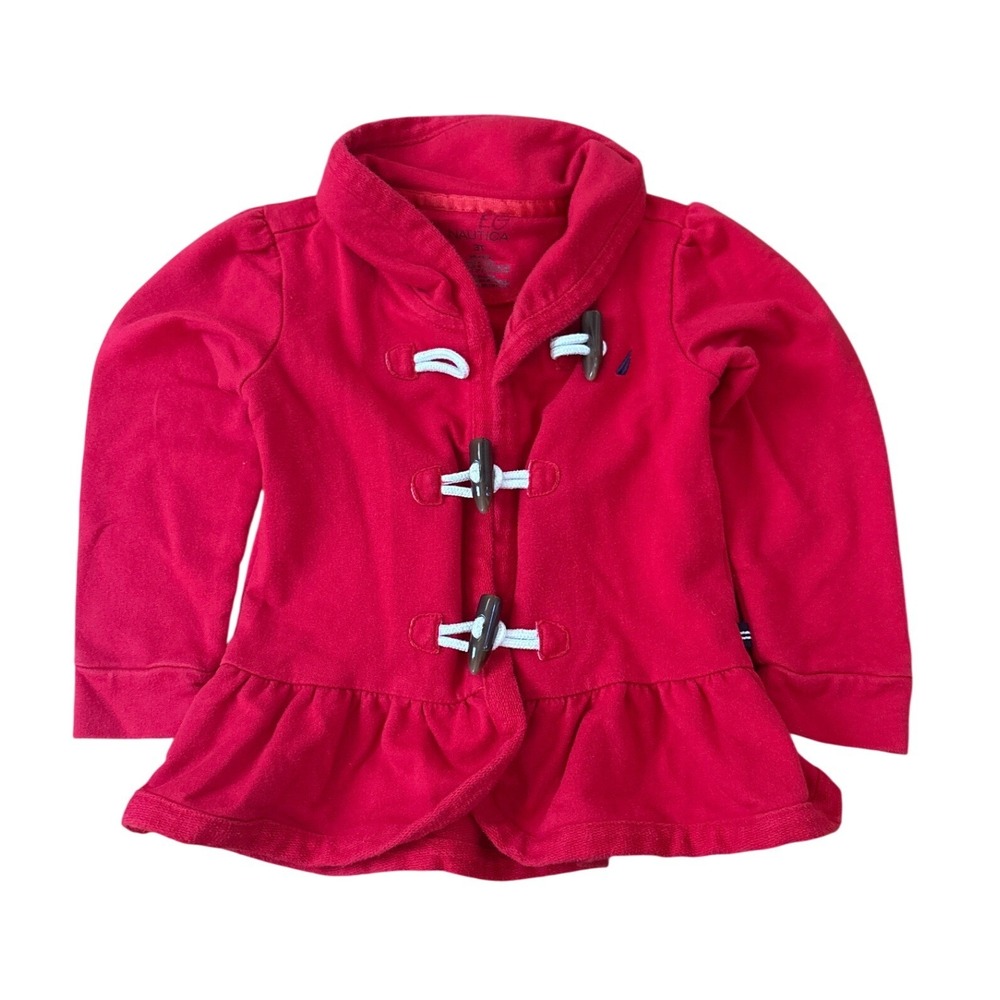 Nautica Toggle Cardigan Girls Red Peplum Ruffle Sweater SIZE 3T